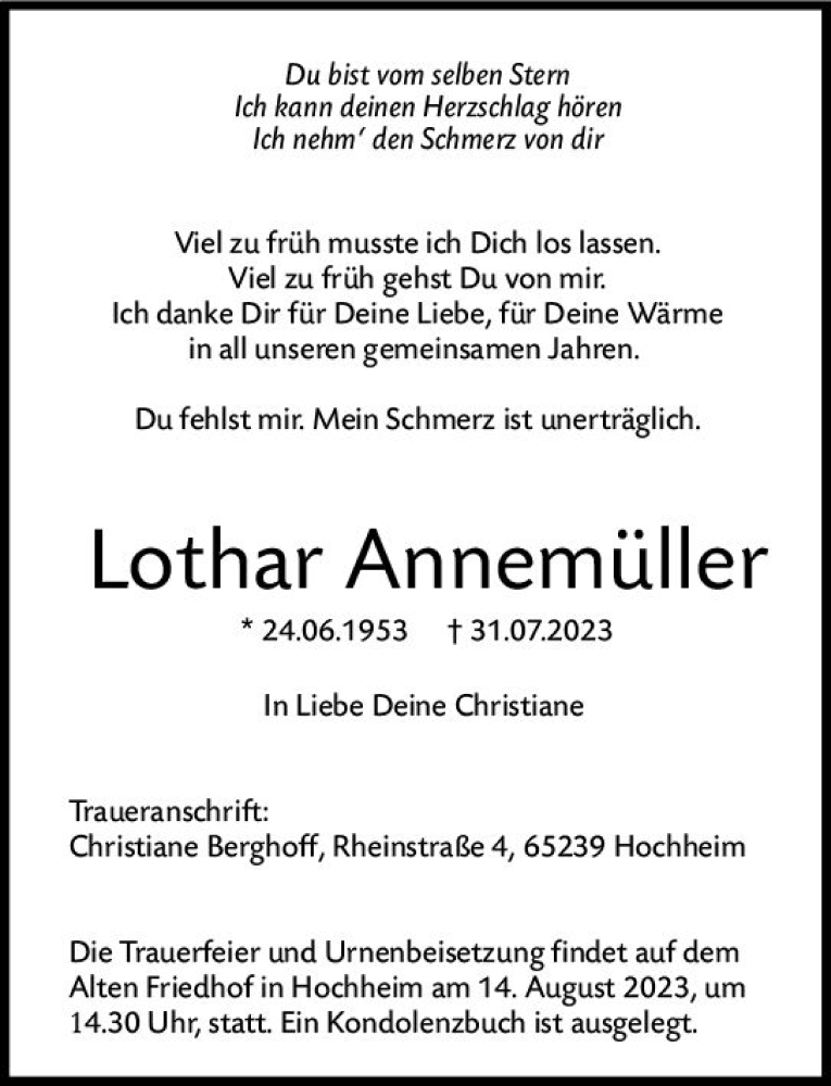  Traueranzeige für Lothar Annemüller vom 12.08.2023 aus Wiesbadener Kurier