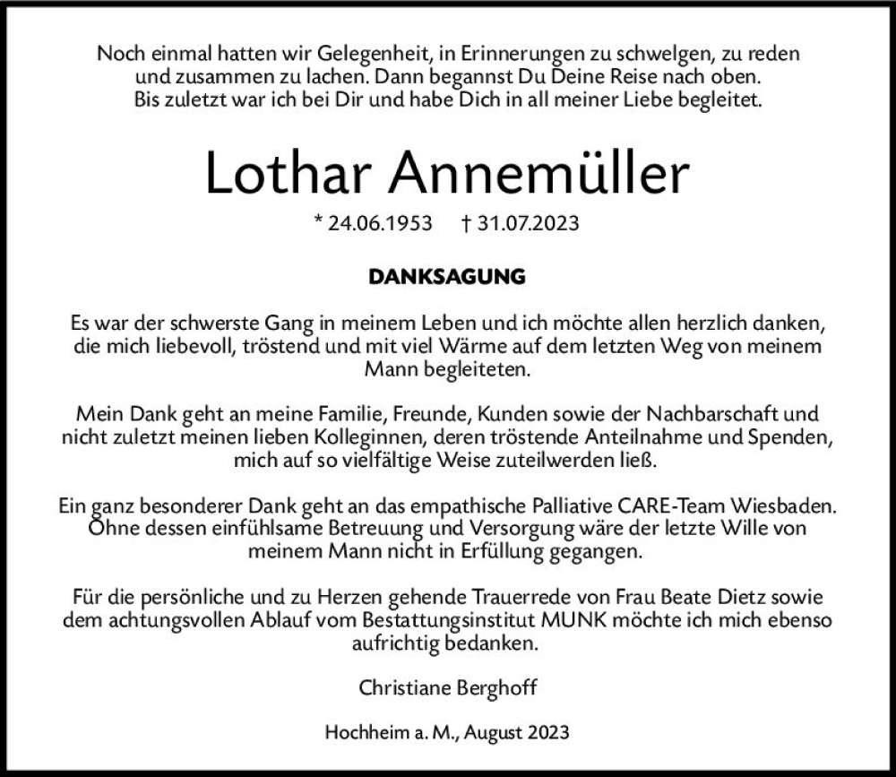  Traueranzeige für Lothar Annemüller vom 25.08.2023 aus Hochheimer Zeitung