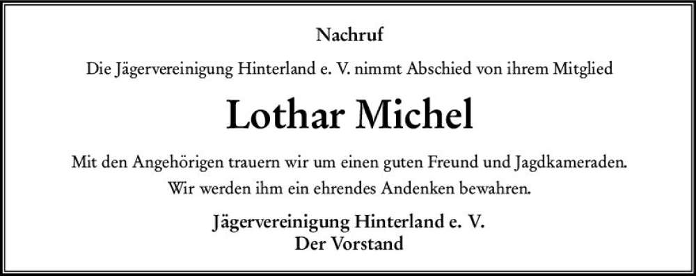  Traueranzeige für Lothar Michel vom 30.08.2023 aus Hinterländer Anzeiger