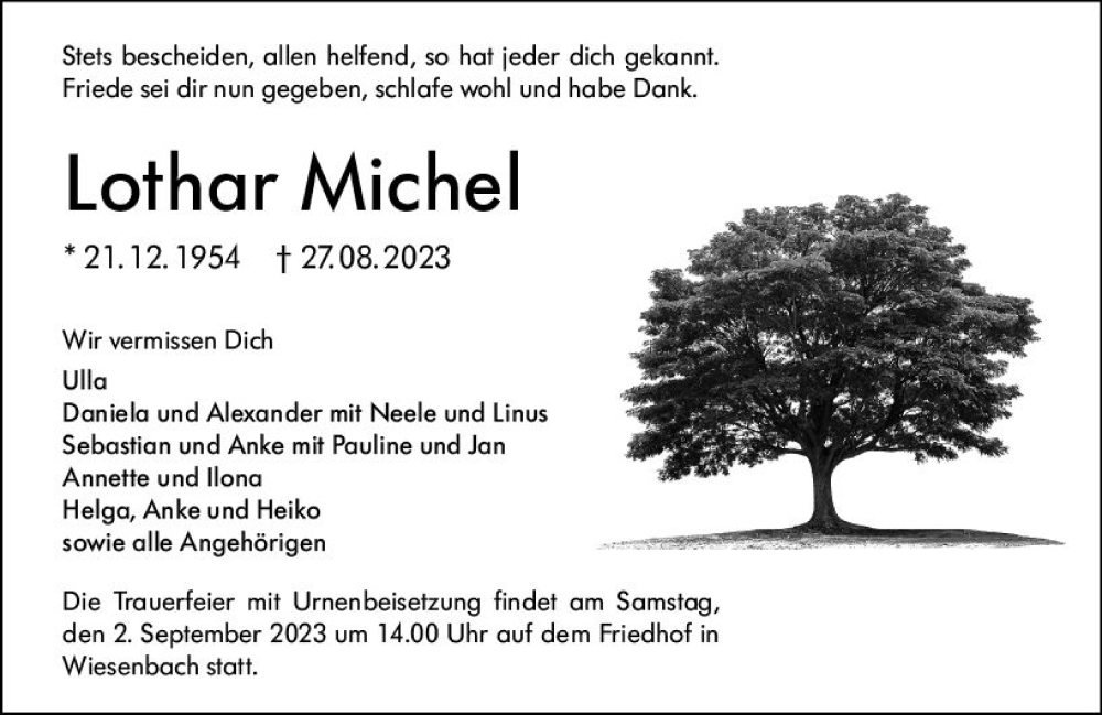 Traueranzeige für Lothar Michel vom 30.08.2023 aus Hinterländer Anzeiger