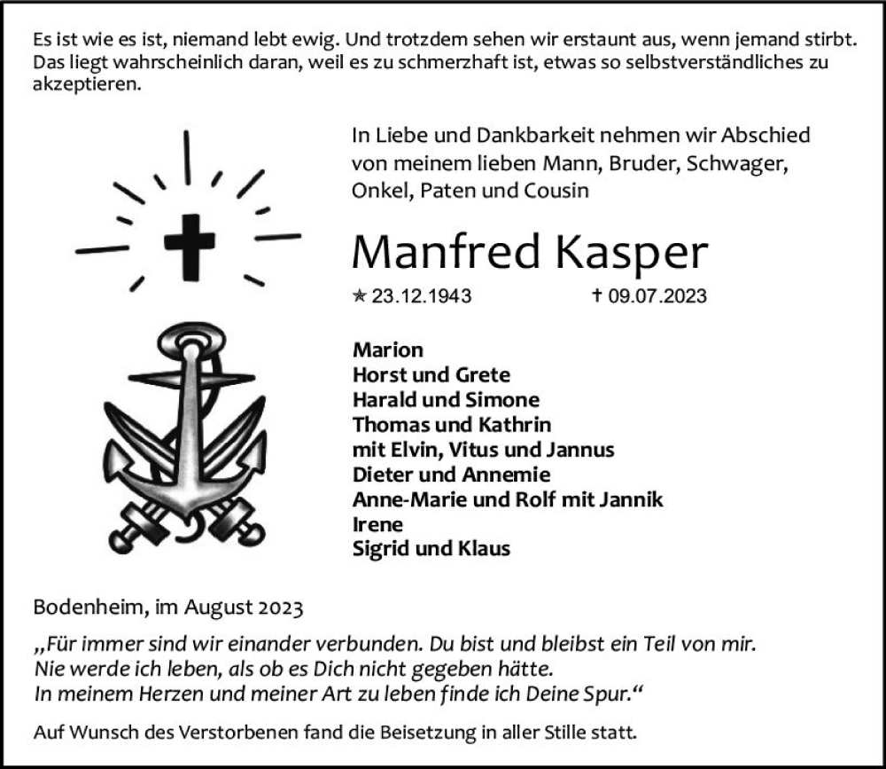  Traueranzeige für Manfred Kasper vom 12.08.2023 aus Allgemeine Zeitung Mainz