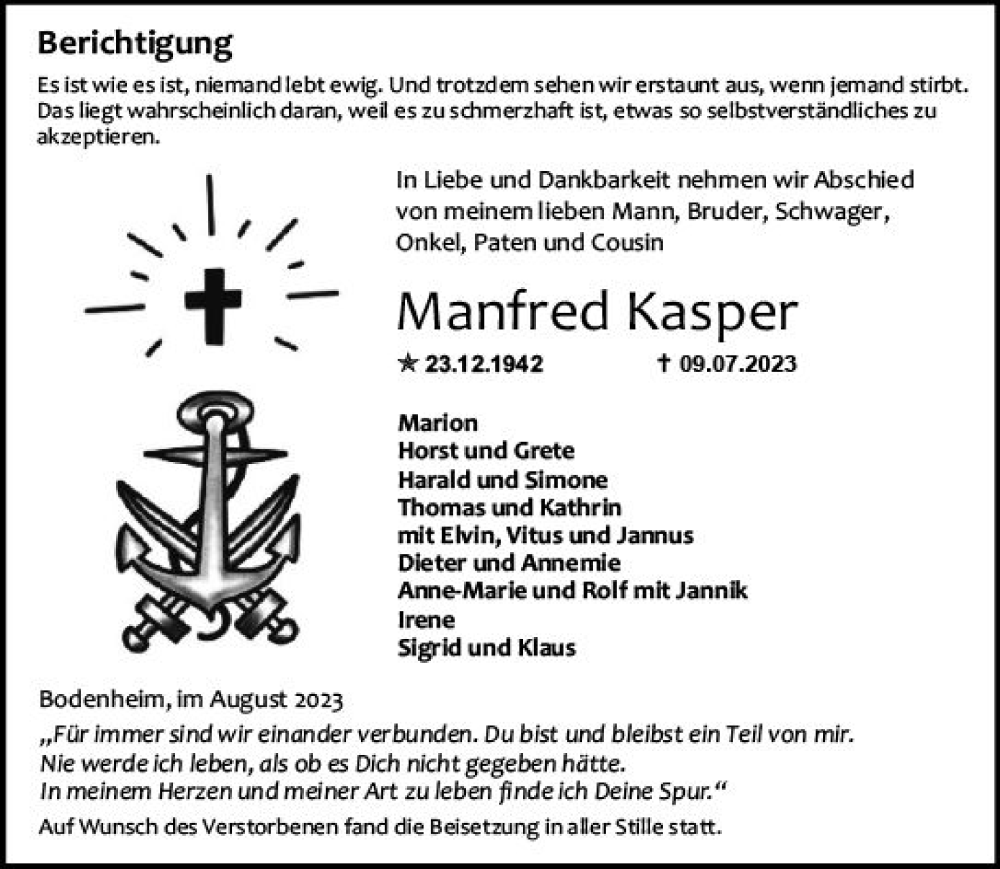  Traueranzeige für Manfred Kasper vom 17.08.2023 aus Allgemeine Zeitung Mainz