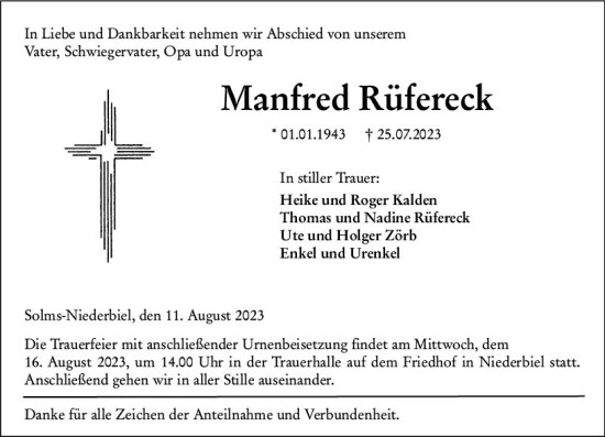 Traueranzeige von Manfred Rüfereck von Wetzlarer Neue Zeitung
