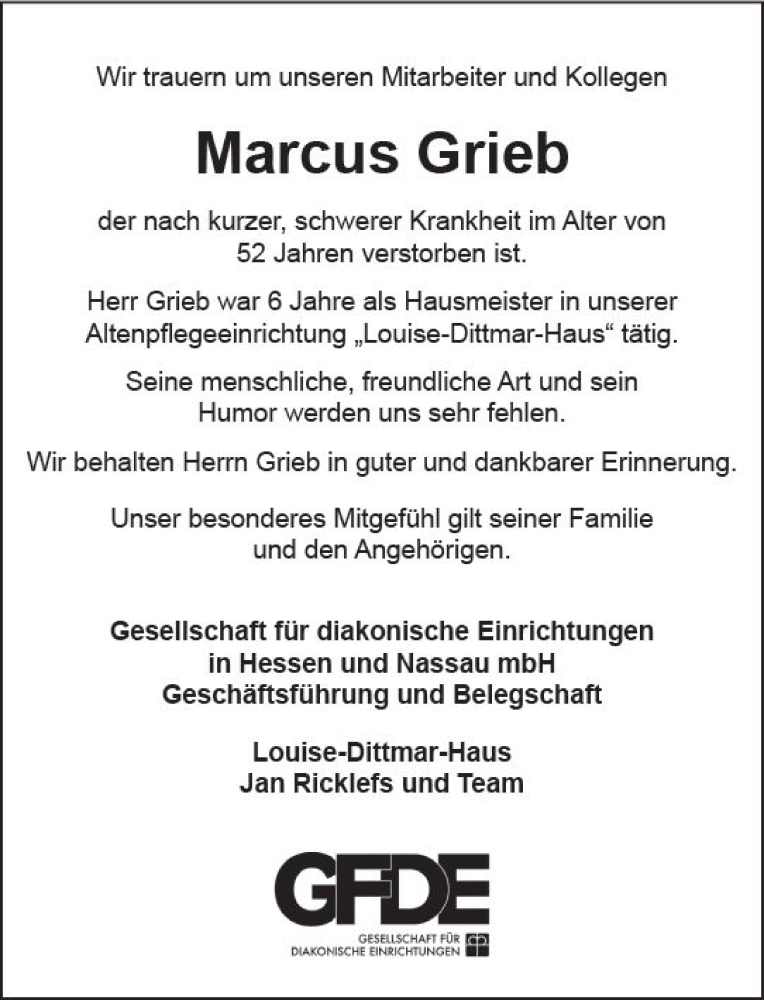  Traueranzeige für Marcus Grieb vom 29.08.2023 aus Darmstädter Echo