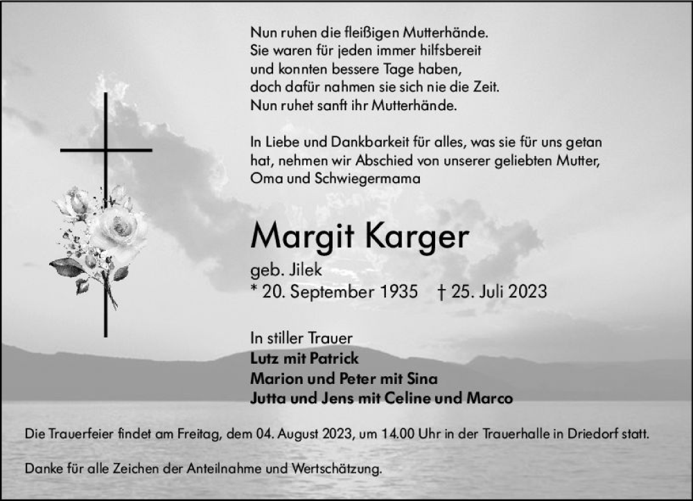  Traueranzeige für Margit Karger vom 01.08.2023 aus Dill Block