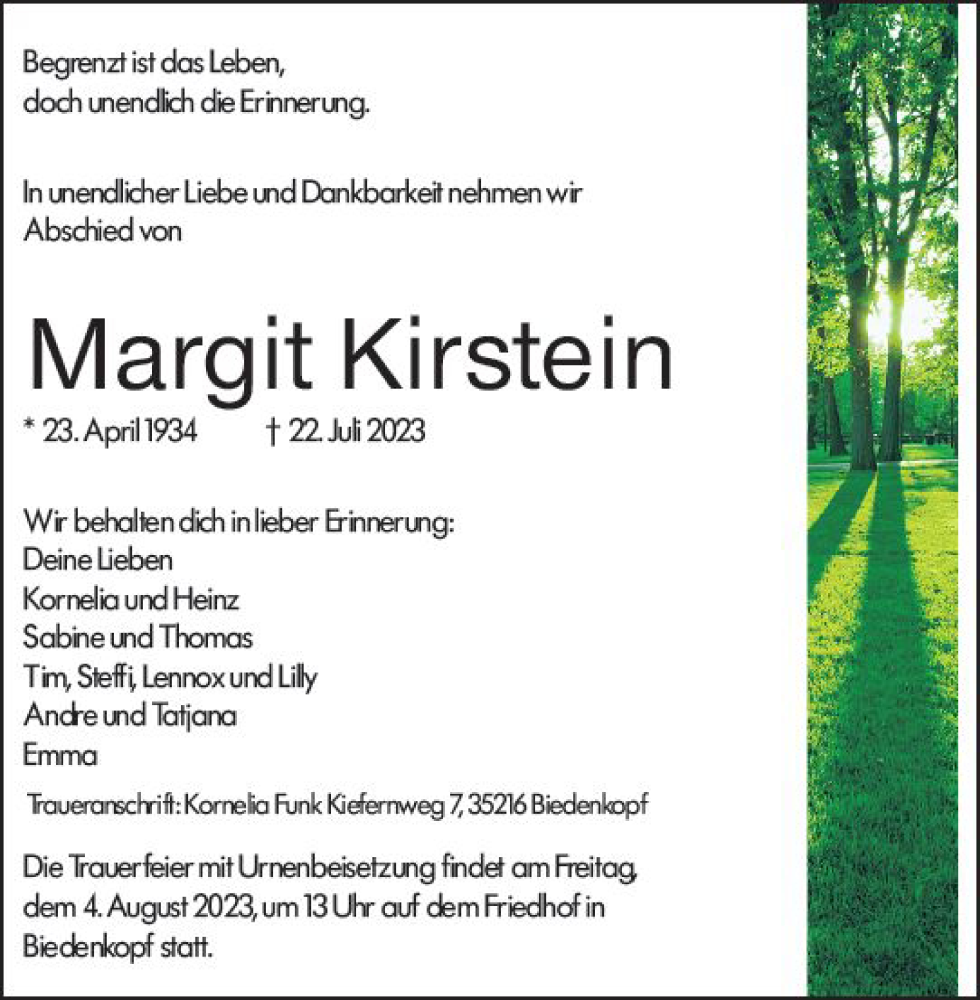  Traueranzeige für Margit Kirstein vom 01.08.2023 aus Hinterländer Anzeiger