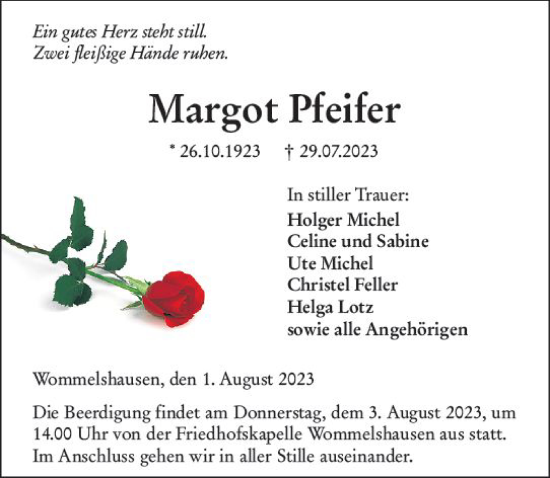 Traueranzeige von Margot Pfeifer von Hinterländer Anzeiger