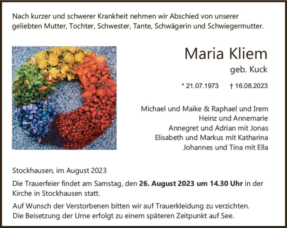  Traueranzeige für Maria Kliem vom 23.08.2023 aus VRM Trauer
