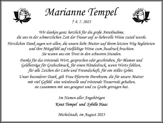 Traueranzeige von Marianne Tempel von Odenwälder Echo
