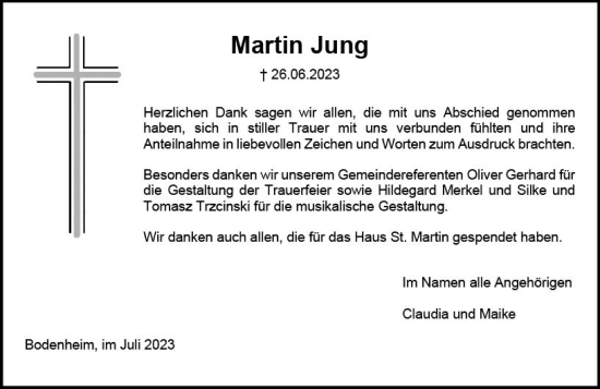 Traueranzeige von Martin Jung von Allgemeine Zeitung Mainz