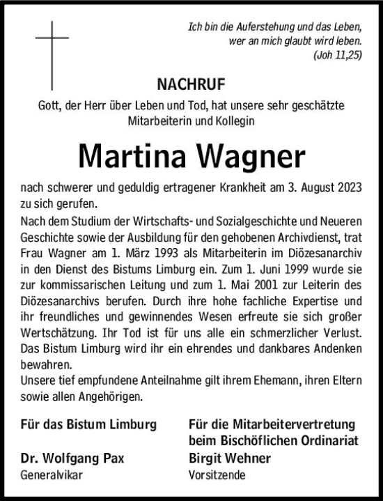 Traueranzeige von Martina Wagner von Nassauische Neue Presse