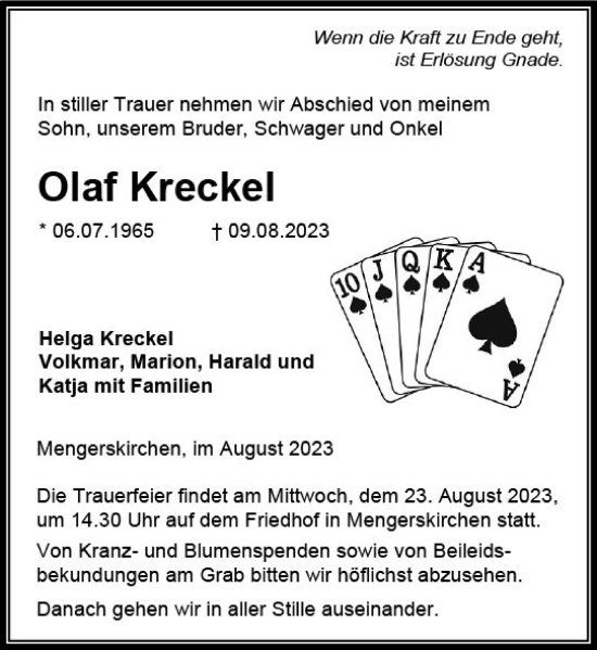 Traueranzeige von Olaf Kreckel von Weilburger Tageblatt