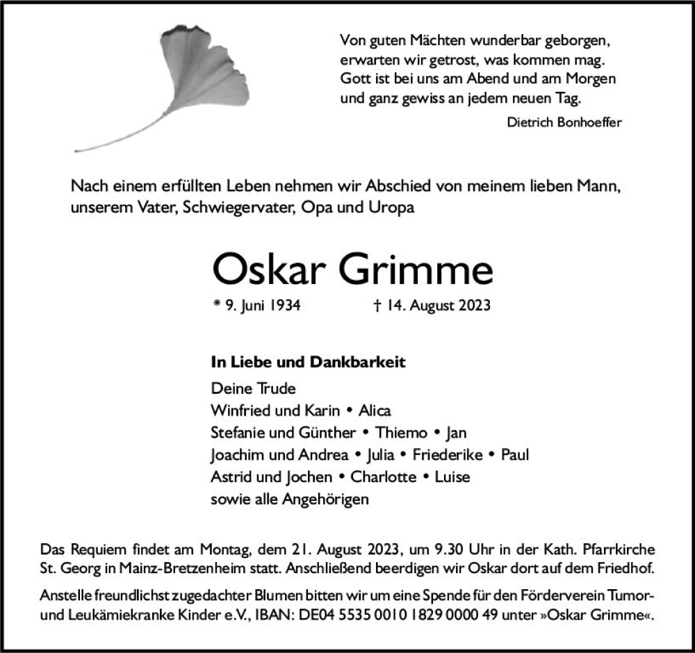  Traueranzeige für Oskar Grimme vom 19.08.2023 aus Allgemeine Zeitung Mainz