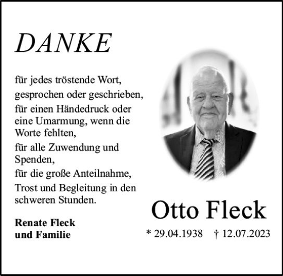 Traueranzeige von Otto Fleck von Allgemeine Zeitung Bingen/Ingelheim