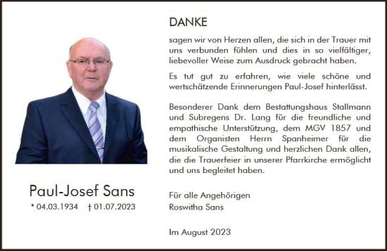 Traueranzeige von Paul-Josef Sans von Allgemeine Zeitung Mainz