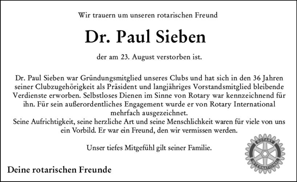  Traueranzeige für Paul Sieben vom 31.08.2023 aus Hinterländer Anzeiger