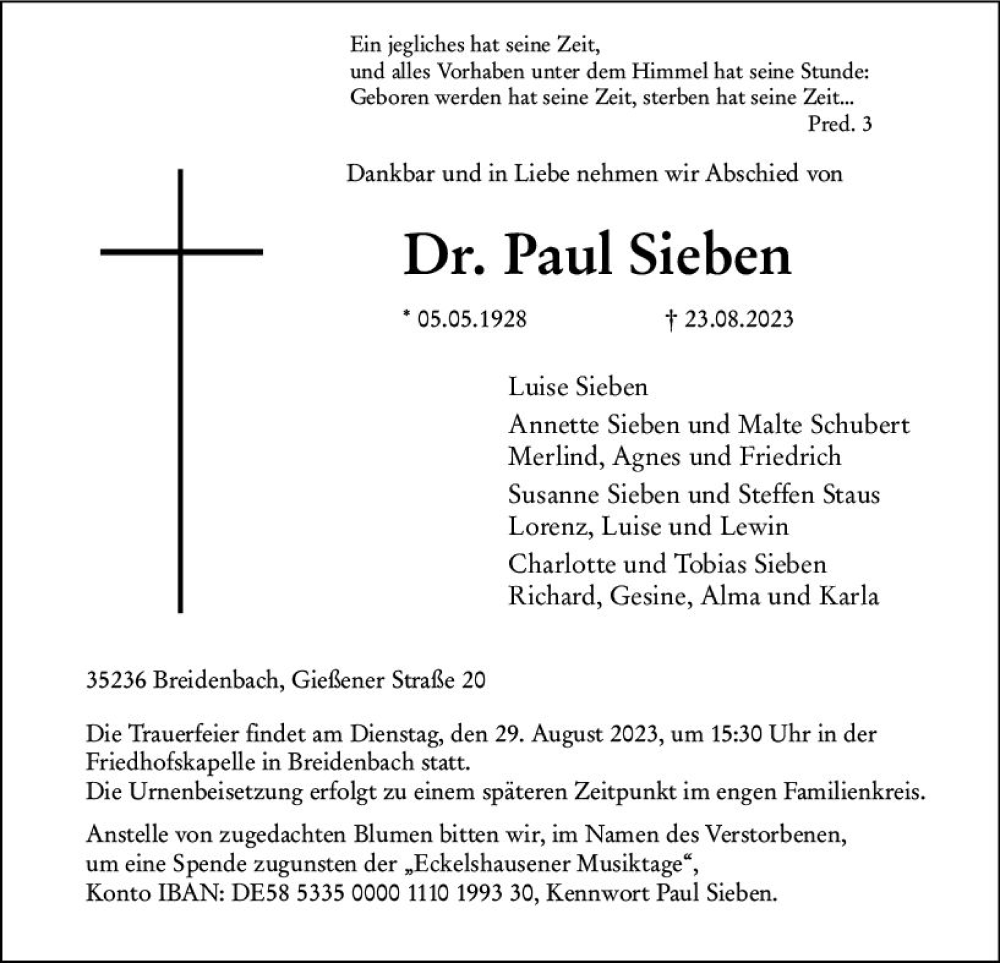  Traueranzeige für Paul Sieben vom 26.08.2023 aus Hinterländer Anzeiger
