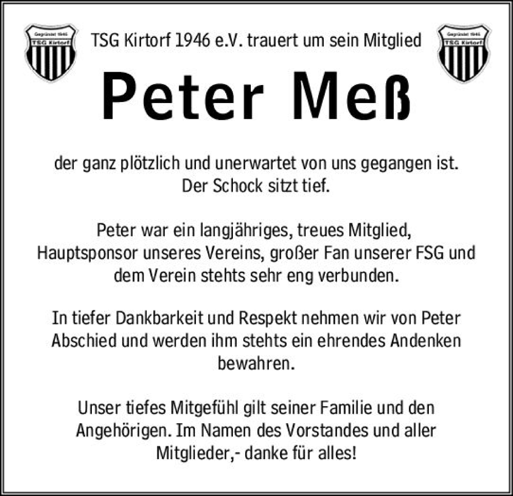  Traueranzeige für Peter Meß vom 05.08.2023 aus VRM Trauer