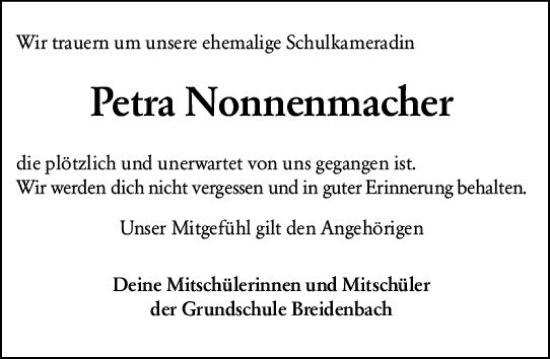 Traueranzeige von Petra Nonnenmacher von Hinterländer Anzeiger