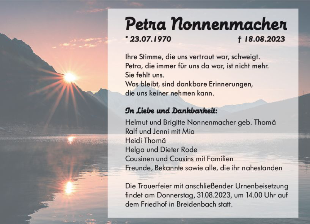  Traueranzeige für Petra Nonnenmacher vom 28.08.2023 aus Hinterländer Anzeiger