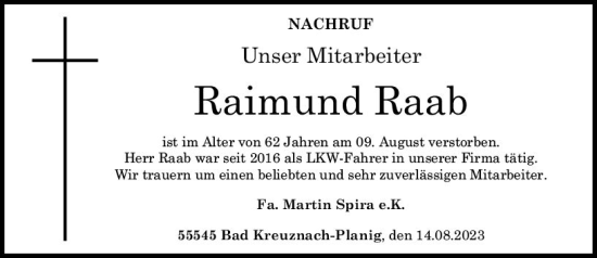 Traueranzeige von Raimund Raab von Allgemeine Zeitung Bad Kreuznach