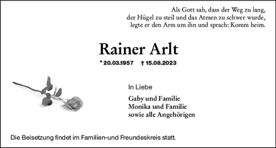 Traueranzeige von Rainer Arlt von Wiesbadener Kurier