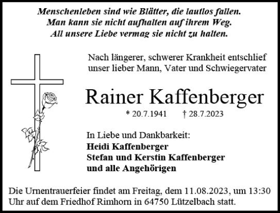 Traueranzeige von Rainer Kaffenberger von Darmstädter Echo