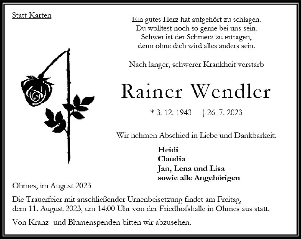  Traueranzeige für Rainer Wendler vom 05.08.2023 aus VRM Trauer