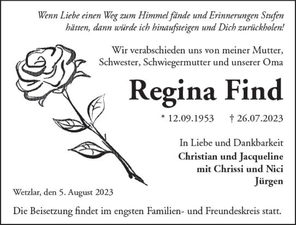 Traueranzeige für Regina Find vom 05.08.2023 aus Wetzlarer Neue Zeitung