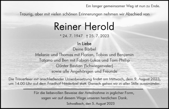 Traueranzeige von Reiner Herold von Wetzlarer Neue Zeitung