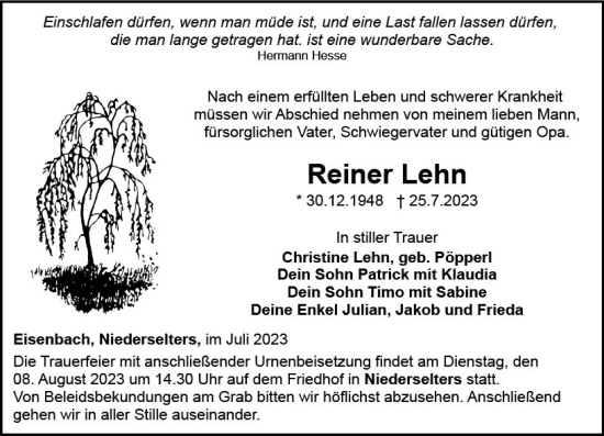 Traueranzeige von Reiner Lehn von Camberger Anzeiger