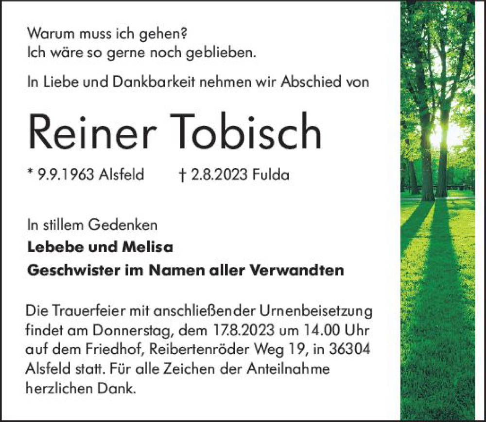  Traueranzeige für Reiner Tobisch vom 12.08.2023 aus VRM Trauer