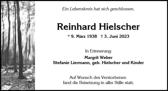 Traueranzeige von Reinhard Hielscher von Wiesbadener Kurier