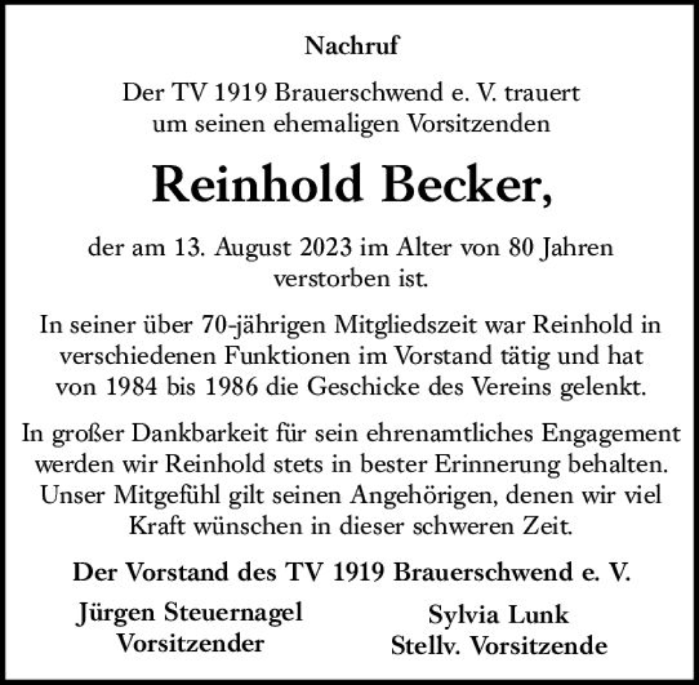  Traueranzeige für Reinhold Becker vom 26.08.2023 aus VRM Trauer