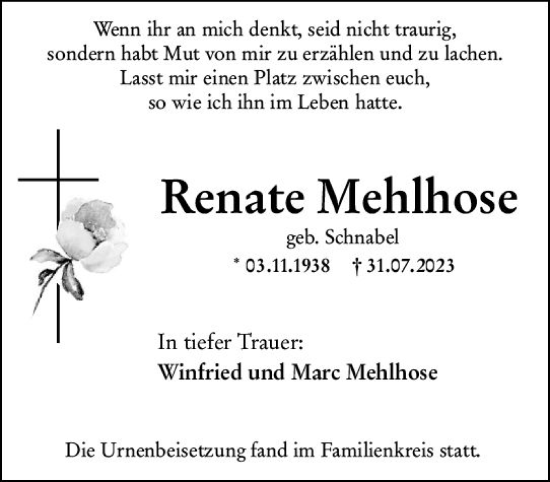 Traueranzeige von Renate Mehlhose von Wiesbadener Kurier