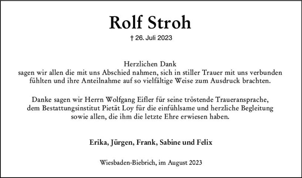  Traueranzeige für Rolf Stroh vom 19.08.2023 aus Wiesbadener Kurier