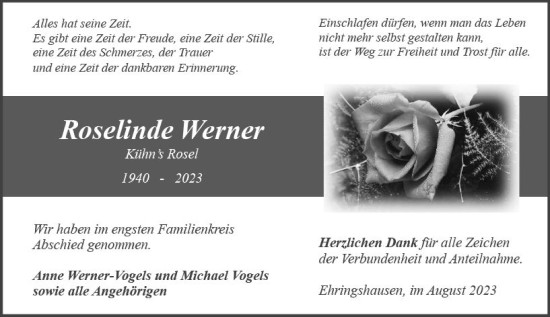 Traueranzeige von Roselinde Werner von Wetzlarer Neue Zeitung