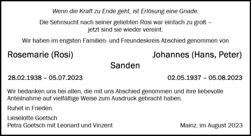  Traueranzeige für Rosemarie Sanden vom 26.08.2023 aus Allgemeine Zeitung Mainz