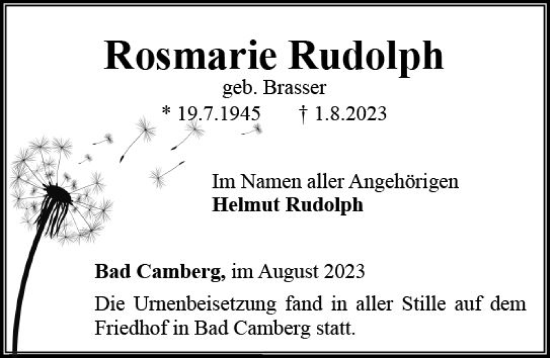 Traueranzeige von Rosmarie Rudolph von Camberger Anzeiger