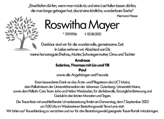 Traueranzeige von Roswitha Mayer von Wiesbadener Kurier