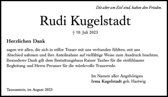 Traueranzeige von Rudi Kugelstadt von Wiesbadener Kurier