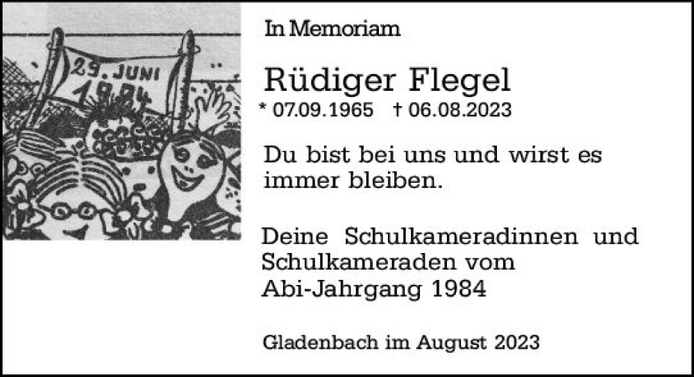  Traueranzeige für Rüdiger Flegel vom 17.08.2023 aus Hinterländer Anzeiger