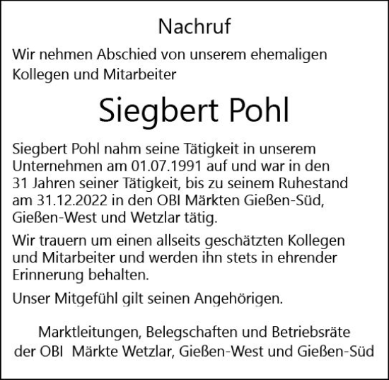 Traueranzeige von Siegbert Pohl von Wetzlarer Neue Zeitung