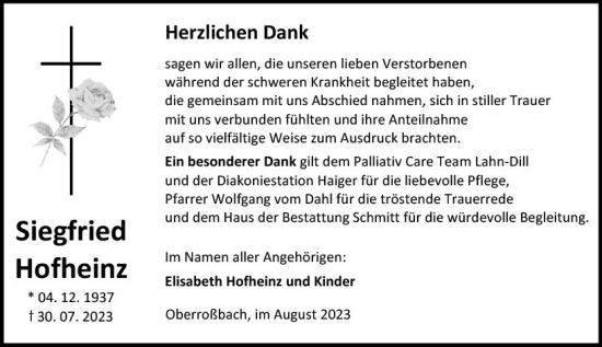 Traueranzeige von Siegfried Hofheinz von Dill Block