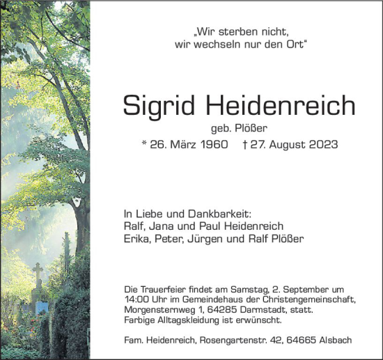 Traueranzeige von Sigrid Heidenreich von Darmstädter Echo