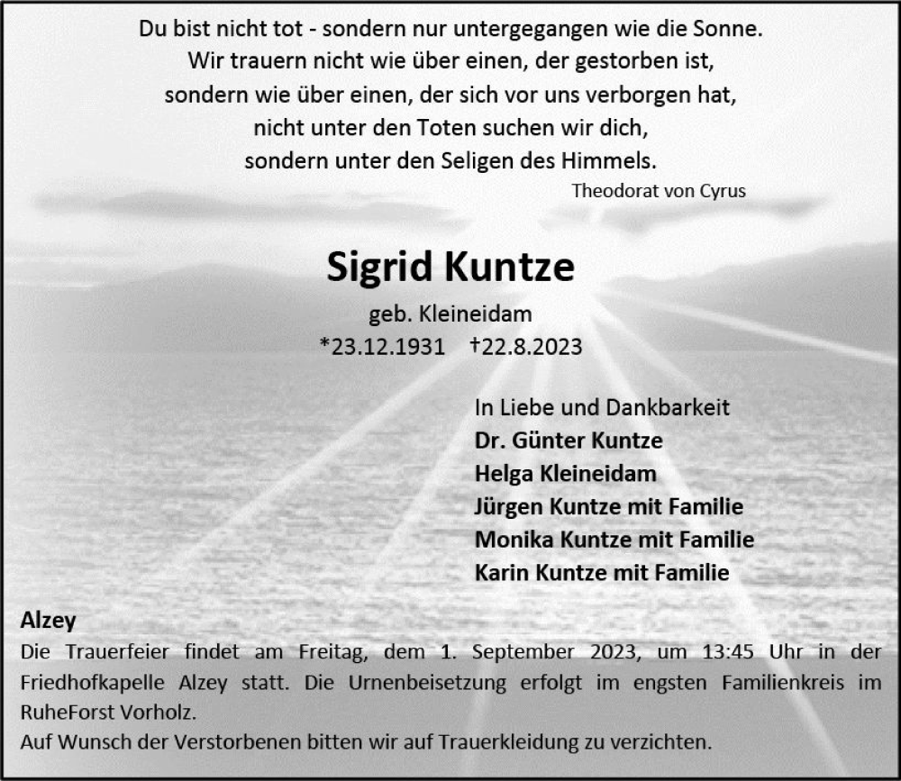  Traueranzeige für Sigrid Kuntze vom 26.08.2023 aus Allgemeine Zeitung Alzey