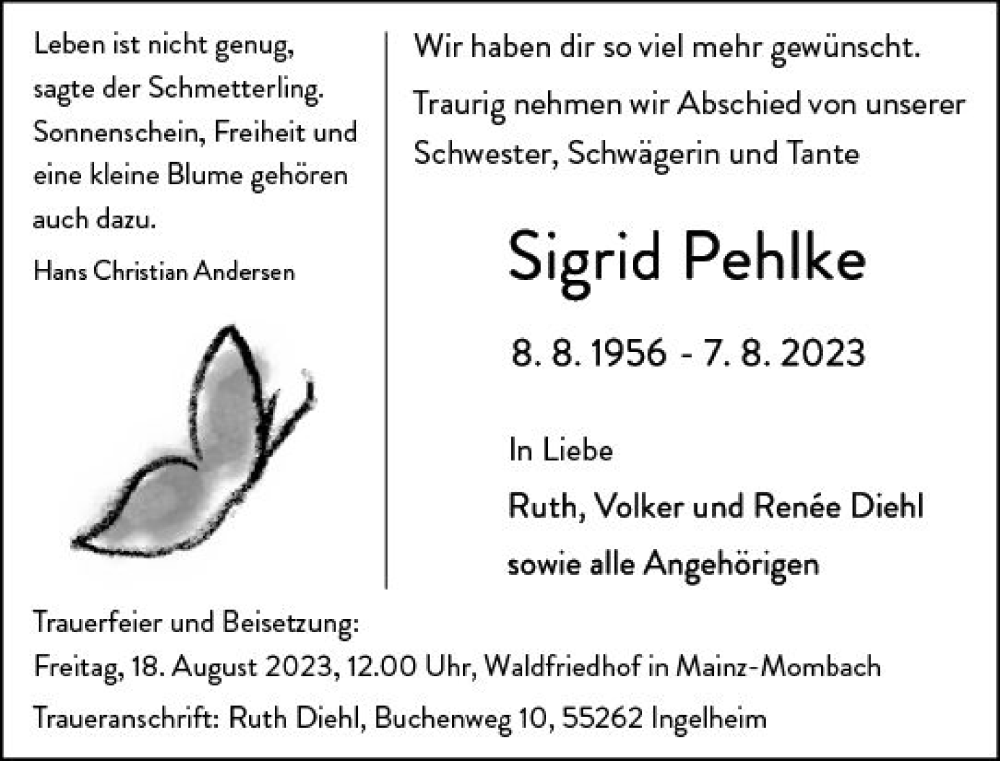  Traueranzeige für Sigrid Pehlke vom 12.08.2023 aus Allgemeine Zeitung Mainz