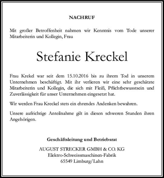 Traueranzeige von Stefanie Kreckel von Nassauische Neue Presse