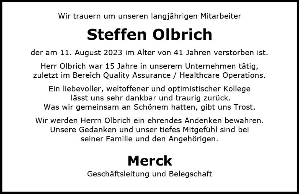  Traueranzeige für Steffen Olbrich vom 23.08.2023 aus Darmstädter Echo