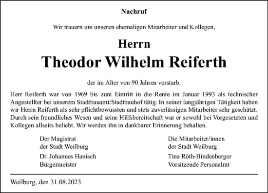 Traueranzeige von Theodor Wilhelm Reiferth von Weilburger Tageblatt
